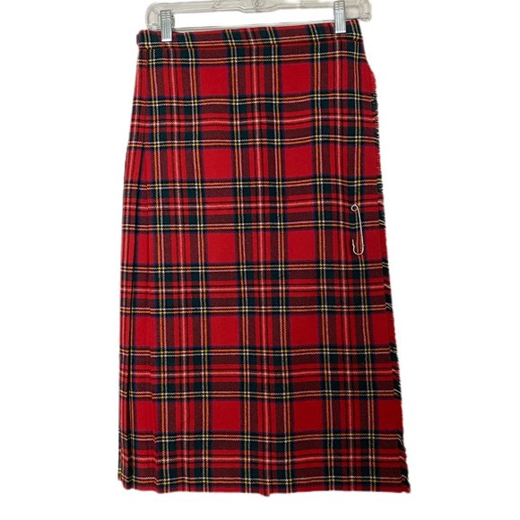 Vintage English Sports Shop Scotland Pure New Wool Pleated Red Plaid Skirt 10 - Picture 1 of 5